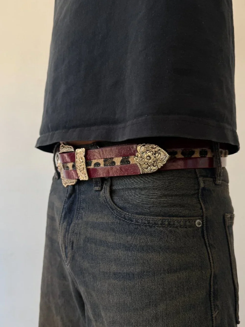 Wine Red Leopard Print Antique Western Belt